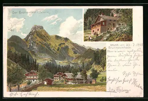 Lithographie Oberaudorf, Gasthof Brünnsteinhaus, Holzelsau mit Brünnstein Ostseite