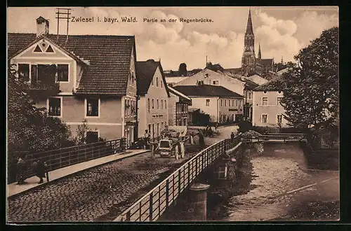 AK Zwiesel i. bayr. Wald, Partie an der Regenbrücke mit Pension