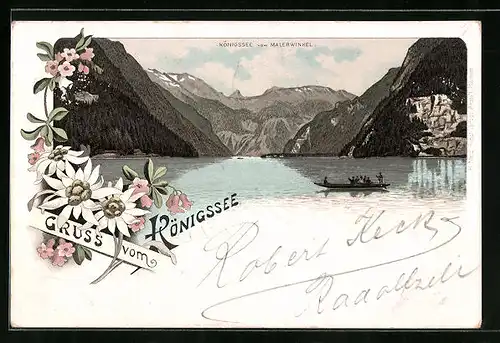 Lithographie Schönau, Königssee mit Boot vom Malerwinkel