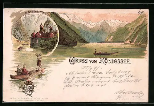 Lithographie Schönau, Königssee mit Boot, St. Bartholomä