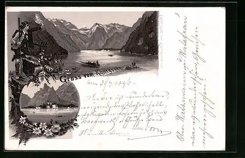 Lithographie Schönau, Königssee mit Boot, Teilansicht