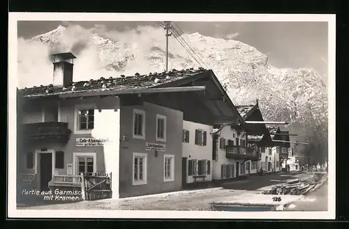 AK Garmisch, Strassenpartie mit Café Alpenstüberl und Kramer