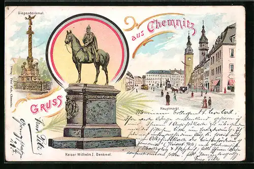 Lithographie Chemnitz, Hauptmarkt, Kaiser Wilhelm I. Denkmal, Siegesdenkmal