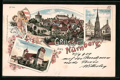 Lithographie Nürnberg, Burg, Kaiserstallung Nordseite, Schöner Brunnen u. Frauenkirche