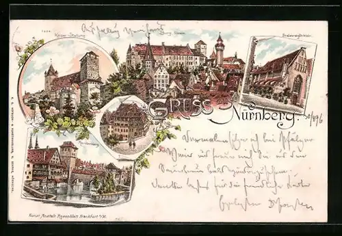 Lithographie Nürnberg, Gasthaus Bratwurstglöcklein, Dürerhaus, Kaiser-Stallung