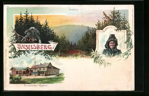 Lithographie Inselsberg, Preussischer Gasthof, Frau in Tracht, Panorama