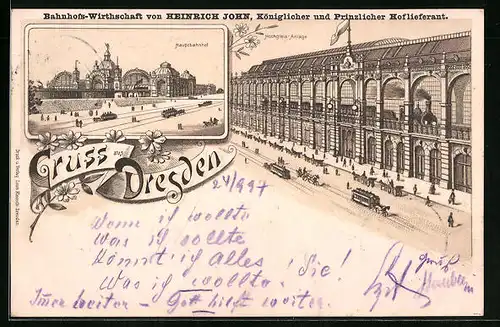 Lithographie Dresden, Bahnhofs-Wirtschaft von Heinrich John, Hauptbahnhof, Hochgleis-Anlage mit Pferdebahn