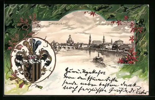 Passepartout-Lithographie Dresden, Teilansicht von der Marienbrücke mit Dampfer, Wappen