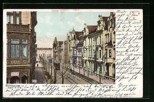 AK Mühlhausen i. Th., Augustastrasse mit Bäckerei und Strassenbahn