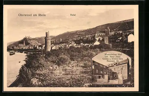 AK Oberwesel am Rhein, Hotel Rheinischer Hof, Totalansicht