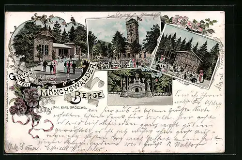 Lithographie Wilthen, Gasthaus Mönchswalder Berge, Garten, Aussichtsturm