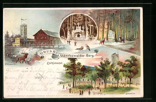 Lithographie Wilthen, Gasthaus Mönchswalder-Berg Nordseite u. Südseite, Am Bismarckstein