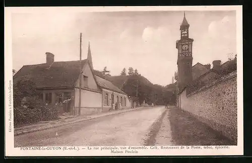 AK Fontaine-la-Guyon, la rue principale, vue d'ensemble, Café-Restaurant de la Poste