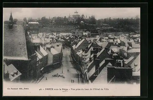 AK Dreux, Vue prise du haut de l'Hotel de Ville, sous la Neige