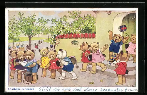 Künstler-AK Fritz Baumgarten: O schöne Ferienzeit!, Bärenkinder kommen aus der Schule