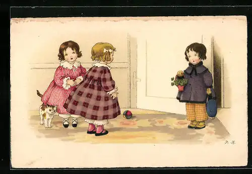 Künstler-AK Fritz Baumgarten: Junge mit Körbchen und zwei Mädchen