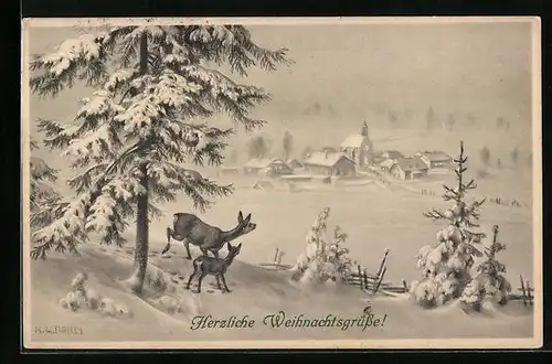 Künstler-AK R. Ulreich: Reh mit Kitz in winterlicher Landschaft, Weihnachtsgruss