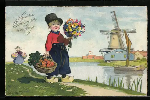 Künstler-AK Fritz Baumgarten: Hollander mit Korb und Blumen, Im Hintergrund Windmühle, Geburtstagsgruss