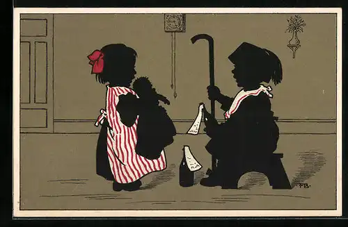 Künstler-AK Fritz Baumgarten: Schattenbild, Kinderpaar mit Puppe und Flaschen