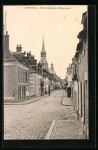 AK Bonneval, Rue de Chartres et Notre-Dame