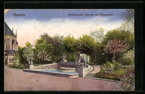AK Chemnitz, Schillingsche Figuren am Königsplatz
