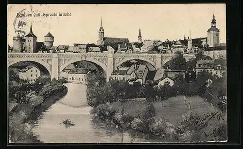 AK Bautzen, Uferpartie mit Kirche und Brücke