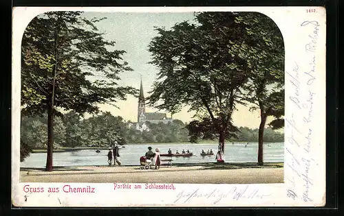 AK Chemnitz, Partie am Schlossteich mit Kirche und Booten