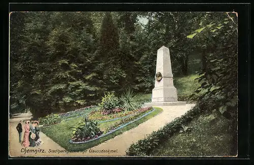 AK Chemnitz, Stadtparkpartie mit Claussdenkmal