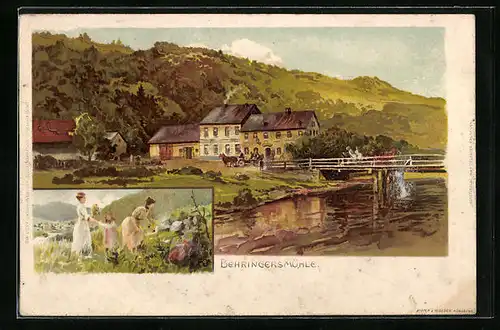 Lithographie Behringersmühle, Blümenpflückerinnen, Teilansicht mit Flusspartie