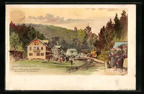 Lithographie Schüttersmühle, Gebäudeansichten, Mädchen mit Körben