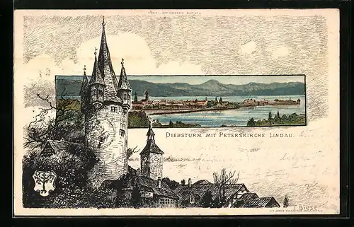 Künstler-AK Carl Biese: Lindau / Bodensee, Diebsturm mit Peterskirche, Inselpanorama