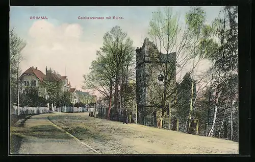 AK Grimma, Colditzerstrasse mit Ruine