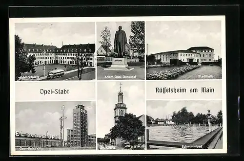 AK Rüsselsheim / Main, Adam-Opel-Denkmal, Marktplatz, Opel-Bahnhof, Stadthalle