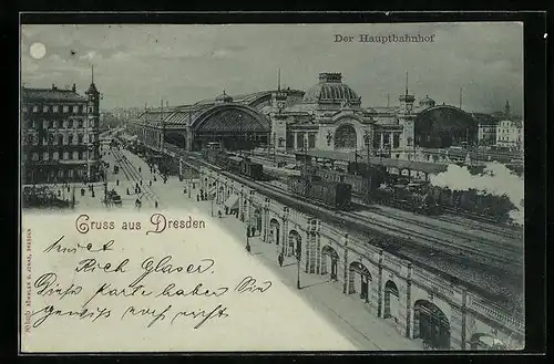 Mondschein-AK Dresden, Hauptbahnhof aus der Vogelschau