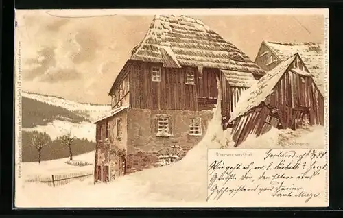 Künstler-AK Meissner & Buch (M&B) Nr. 5: Oberwiesenthal, Hütte im Winterglanz