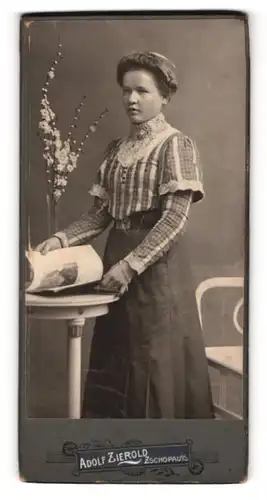 Fotografie Adolf Zierold, Zschopau i. S., Junge Dame in Streifen blättert in einem Buch