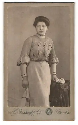 Fotografie A. Fandorf & Co, Berlin, junge Frau mit besticktem Kleid und Kette