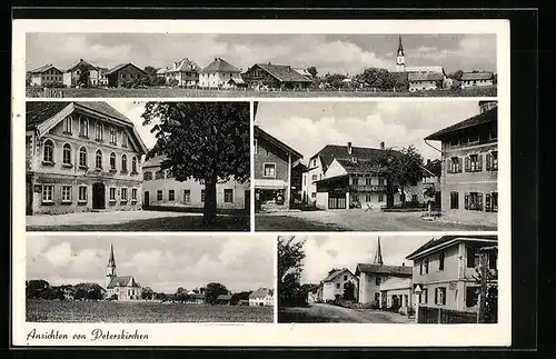 AK Peterskirchen, Gasthaus-Metzgerei, Strassenpartie mit Geschäft, Kirche