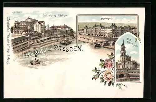 Lithographie Dresden, Italienisches Dörfchen, Jägerkaserne, Katholische Hof-Kirche