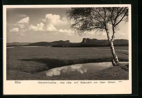 Foto-AK Walter Hahn, Dresden, Nr. 1040: Hohe Liebe mit Falkenstein und hoher Torstein im Elbsandsteingebirge
