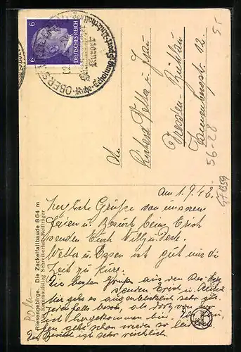 AK Zackelfallbaude, Blick auf Berghütte im Wald