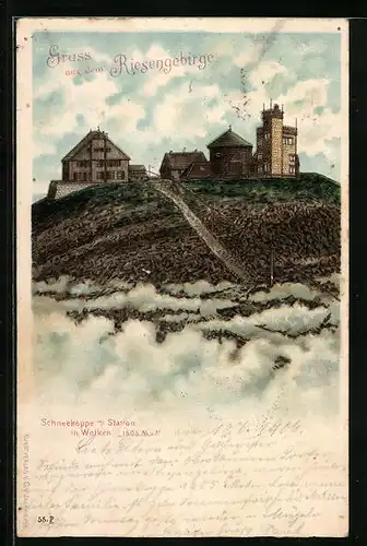 Präge-AK Schneekoppenhäuser, Blick auf Berghütten über den Wolken