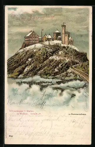 Lithographie Schneekoppenhäuser, Ansicht Berghütten im Riesengebirge