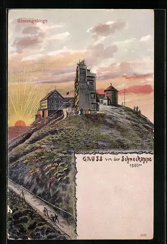 Künstler-AK Schneekoppenhäuser, Blick auf Berghütten mit Wetterwarte bei Dämmerlicht