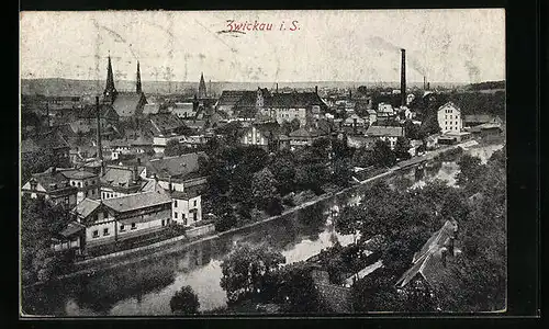 AK Zwickau, Totalansicht mit Kirche