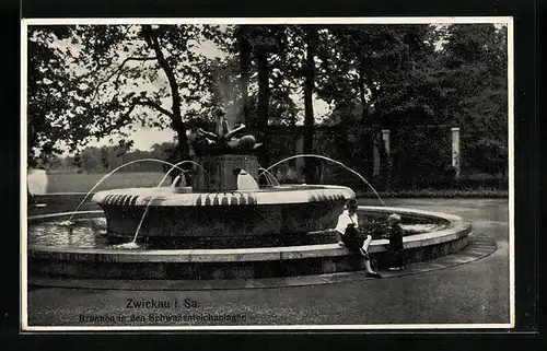 AK Zwickau, Brunnen in den Schwanenteichanlagen