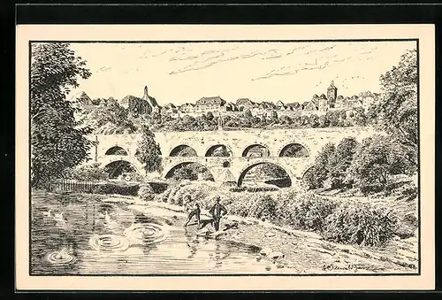 Künstler-AK Rothenburg o. T., Doppelbrücke von 1330