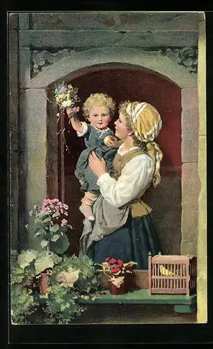Künstler-AK Stengel & Co. Nr. 29373: Willkommen!, Blonde Magd mit ihren Sohn auf dem Arm