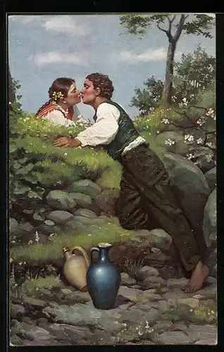 Künstler-AK Stengel & Co. Nr. 47019: Stelldichein, Inniger Kuss eines jungen Paares
