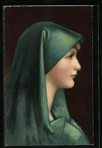 Künstler-AK Stengel & Co. Nr. 29468: Studienkopf, Schönheit mit türkisem Kopftuch